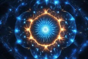Conexión pleyadiana como luz cósmica azul y dorada